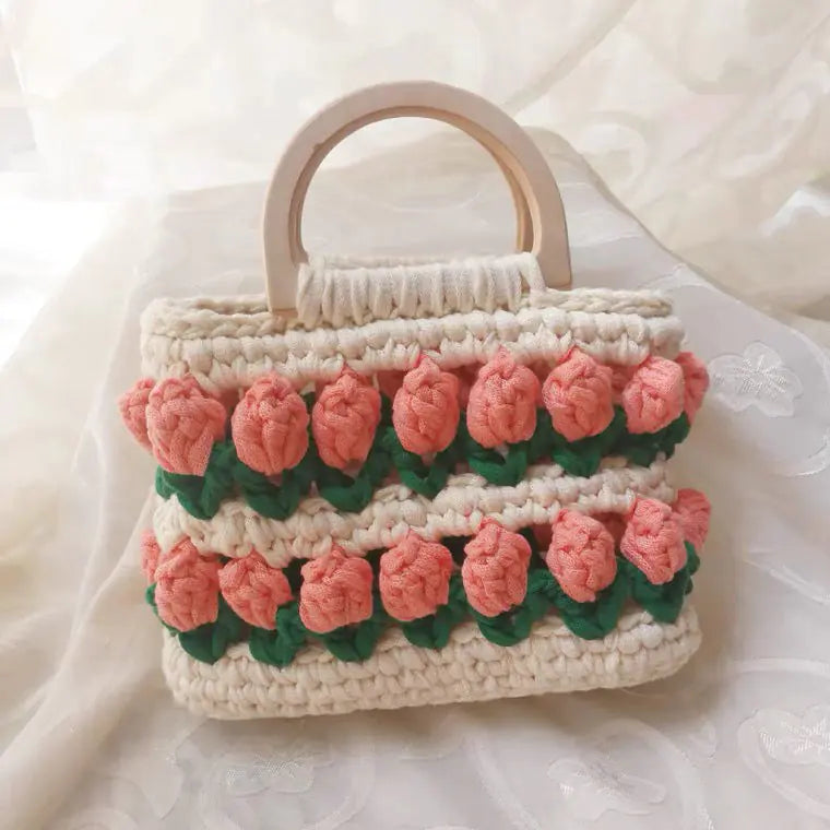 Crochet Knitting Tulips Handbags with Cloth Line Design