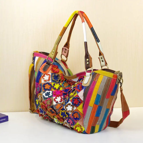 Colorful Cowhide Leather Handbags with Floral Design