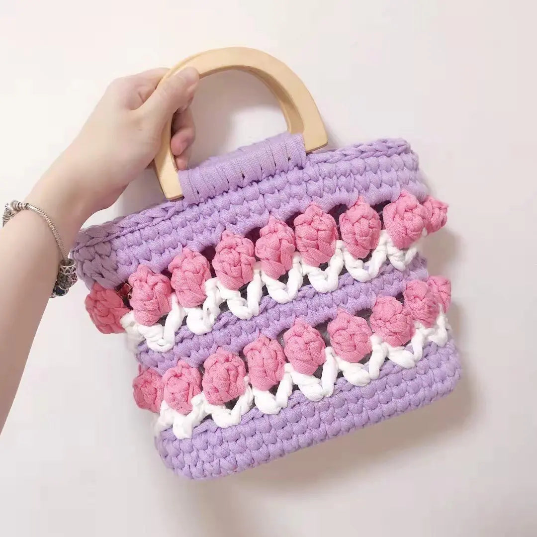 Crochet Knitting Tulips Handbags with Cloth Line Design