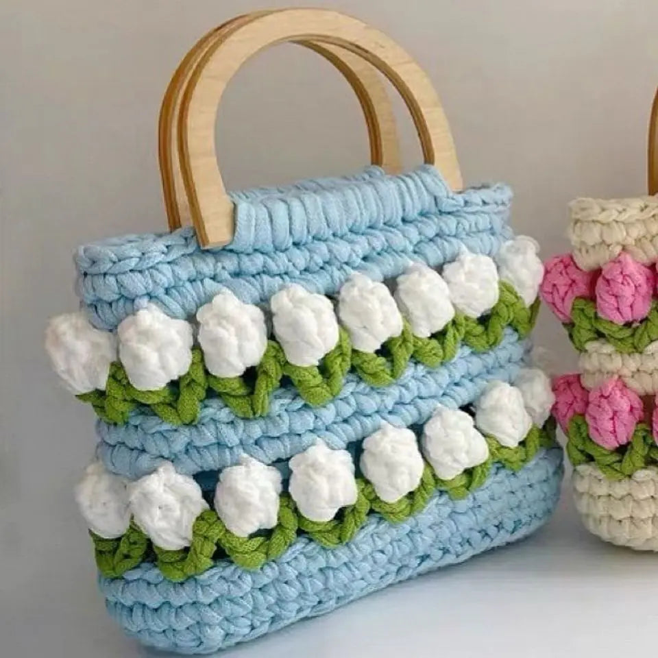 Crochet Knitting Tulips Handbags with Cloth Line Design